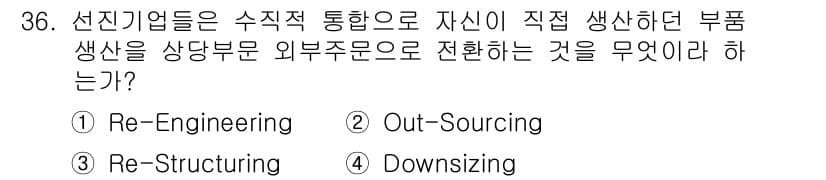 사무자동화산업기사 2015년 36번 - 정답은 '1. Re-Engineering'입니다. Re-Engineeri... 에 관한 핵심 기출문제