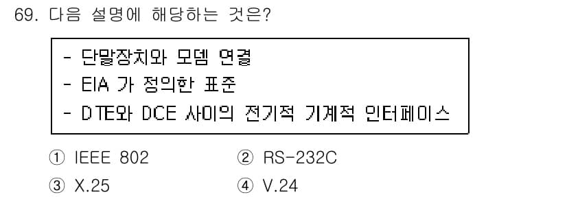 사무자동화산업기사 2015년 69번 - 이 설명은 V.24에 해당합니다. V.24는 데이터 터미널 장치(DTE)... 에 관한 핵심 기출문제