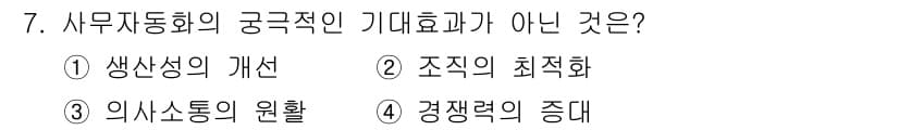 사무자동화산업기사 2015년 7번 - '사무자동화'의 궁극적인 기대효과는 생산성 향상, 조직의 효율성, 경쟁력... 에 관한 핵심 기출문제