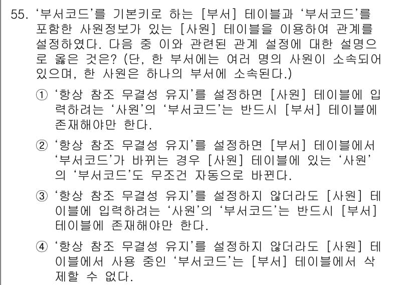 컴퓨터활용능력_1급 2015년 55번 - 해설: 정답 '5'는 '항상 참조 무결성 유지'를 설정하면 원본 테이블(... 에 관한 핵심 기출문제