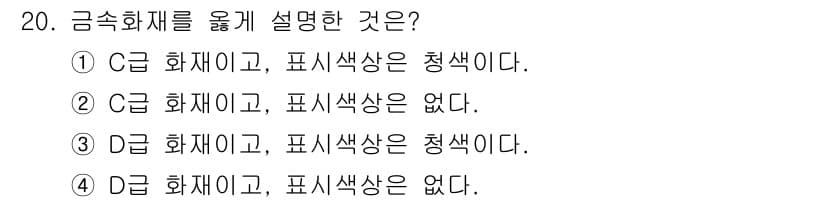 위험물기능사 2015년 20번 - 금속 화재의 분류에서 C급은 금속 화재를 의미하며, D급은 특정 금속 화... 에 관한 핵심 기출문제