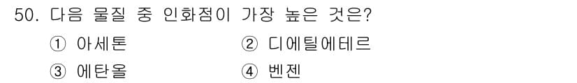 위험물기능사 2015년 50번 - 주어진 보기 중 인화점이 가장 높은 물질을 선택하는 문제입니다. 일반적으... 에 관한 핵심 기출문제