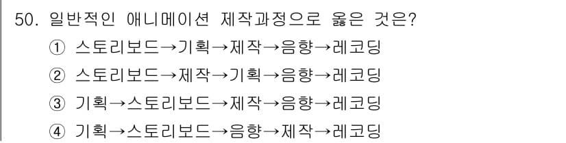 웹디자인개발기능사 2015년 50번 - 애니메이션 제작 과정에서는 스토리보드 작성 후, 기획단계로 넘어가 제작 ... 에 관한 핵심 기출문제