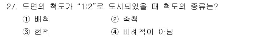 전산응용기계제도기능사 2015년 27번 - 비례척도는 실제 크기와 비례하여 나타내는 척도로, "1:2"는 실물의 크... 에 관한 핵심 기출문제
