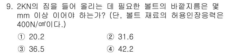 전산응용기계제도기능사 2015년 9번 - 이 문제는 볼트의 허용 인장응력을 사용해 필요한 바깥 지름을 계산하는 것... 에 관한 핵심 기출문제