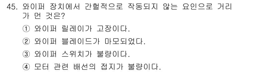 자동차정비기능사 2015년 45번 - 주어진 문제는 와이퍼 장치의 작동 불능 원인에 대한 것입니다. 각 선택지... 에 관한 핵심 기출문제