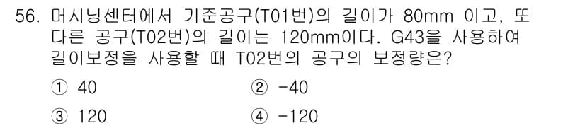 컴퓨터응용선반기능사 2015년 56번 - 기준공구 T01의 길이가 80mm이고, 공구 T02의 길이가 120mm인... 에 관한 핵심 기출문제