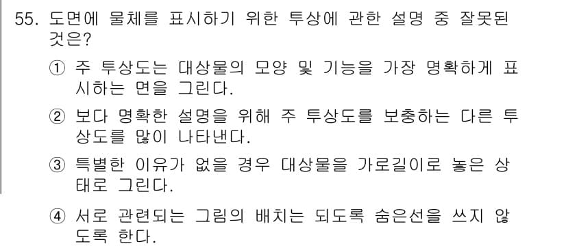 특수용접기능사 2015년 55번 - 정답인 '1'은 주 추상도가 대상물의 모양과 기능을 명확하게 나타내야 한... 에 관한 핵심 기출문제