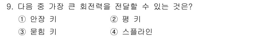 컴퓨터응용밀링기능사 2015년 9번 - 문제에서 제시된 선택지는 각각 다른 기계 구성 요소입니다. 큰 회전력을 ... 에 관한 핵심 기출문제