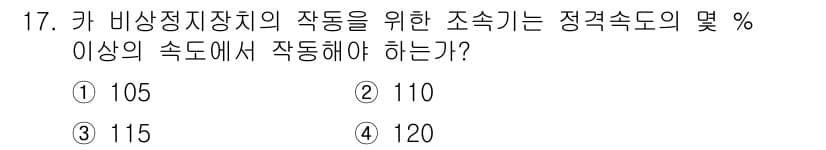 승강기기능사 2015년 17번 - 카 비상정지장치의 작동을 위한 조속기는 정격속도의 110% 이상에서 작동... 에 관한 핵심 기출문제