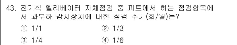 승강기기능사 2015년 43번 - 정답 '3'번인 1/4는 전기식 엘리베이터의 자체점검에서 피트에 대한 점... 에 관한 핵심 기출문제