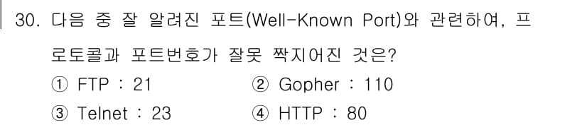 인터넷정보관리사_2급 2015년 30번 - 제공된 보기 중에서 'Gopher : 110'이 잘못된 연결입니다. Go... 에 관한 핵심 기출문제
