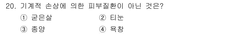 미용사(네일) 2015년 20번 - '기계적 손상에 의한 피부질환'은 일반적으로 외부 자극이나 물리적 손상으... 에 관한 핵심 기출문제