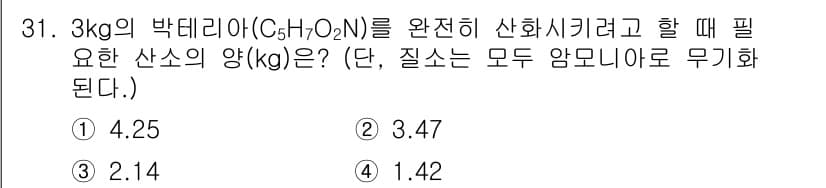 환경기능사 2015년 31번 - 이 문제는 주어진 화학 물질의 완전 산화에 필요한 산소의 양을 계산하는 ... 에 관한 핵심 기출문제