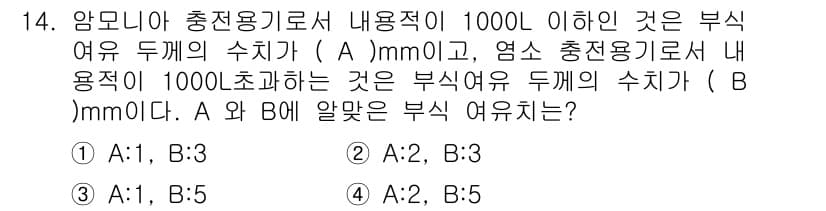 가스기능사 2015년 14번 - 압모니아 충전용기로서 내 용적이 1000L 이하인 경우 부식 여유 두께 ... 에 관한 핵심 기출문제