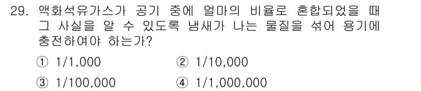 가스기능사 2015년 29번 - 정답이 '5'인 것은 액화석유가스(LPG)에서 발생하는 냄새를 인지할 수... 에 관한 핵심 기출문제