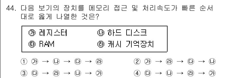 임베디드기능사 2015년 44번 - 메모리의 접근 속도는 다음과 같이 빠른 순서로 정리할 수 있습니다: 캐시... 에 관한 핵심 기출문제