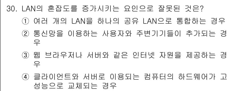 웹디자인개발기능사 2016년 30번 - 통신망을 이용해 사용자가 주변기기를 추가하는 경우, LAN의 혼잡도가 증... 에 관한 핵심 기출문제