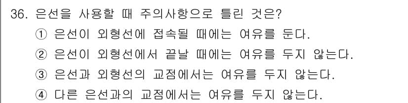 컴퓨터그래픽스기능사 2016년 36번 - 은선을 사용할 때 주의사항으로는 **은선 외형선에서 접촉될 때** 여유를... 에 관한 핵심 기출문제