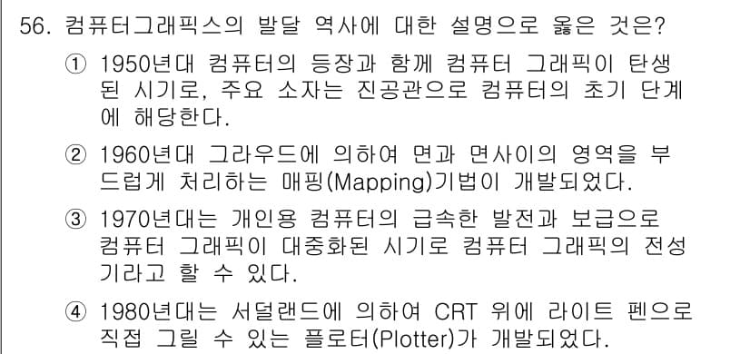 컴퓨터그래픽스기능사 2016년 56번 - 해설: 1980년대에 서체렌더링 기술이 발전하면서, 간단한 그래픽 작업뿐... 에 관한 핵심 기출문제