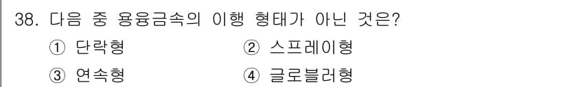 특수용접기능사 2016년 38번 - 용융금속의 이해 형태에는 단락형, 스프레이형, 연속형이 포함되며, 글로블... 에 관한 핵심 기출문제