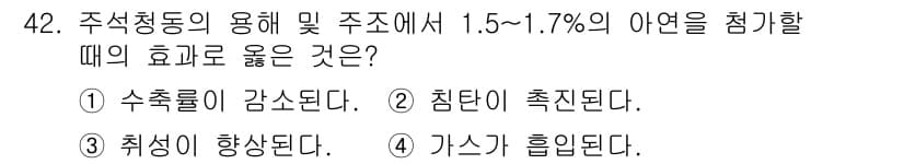 특수용접기능사 2016년 42번 - 주식청동의 용해 및 주조에서 1.5%~1.7%의 아연을 첨가하면, 경도가... 에 관한 핵심 기출문제