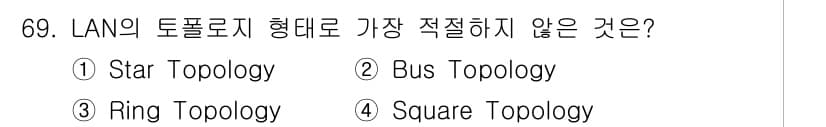 사무자동화산업기사 2016년 69번 - 정답은 4번, Square Topology입니다. LAN의 토폴로지 형태... 에 관한 핵심 기출문제