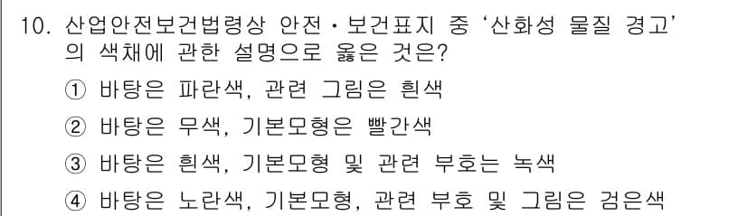산업안전산업기사 2015년 10번 - 산안전보건법에 따르면, 산업안전 표지의 색상은 특정 의미를 갖고 있습니다... 에 관한 핵심 기출문제