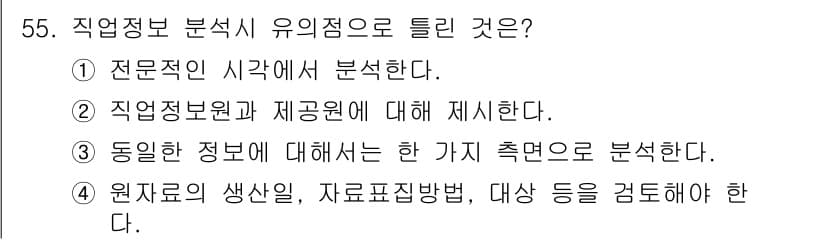 직업상담사_2급(구) 2016년 55번 - 직업정보 분석의 유의점은 특정한 정보를 정확히 파악하고 분석하는 과정에 ... 에 관한 핵심 기출문제