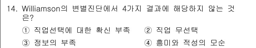 직업상담사_2급 2016년 14번 - Williamson의 변별진단단에서 제시한 4가지 결과는 직업선택의 성공... 에 관한 핵심 기출문제
