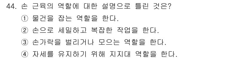 미용사(네일) 2016년 44번 - 손 근육은 물건을 잡고 조작하는 역할보다 세부적인 움직임과 자세의 유지에... 에 관한 핵심 기출문제