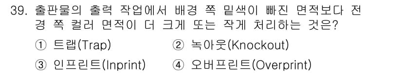 전자출판기능사 2016년 39번 - . 녹아웃(Knockout)

녹아웃은 특정 색상이 배경보다 더 강조되도... 에 관한 핵심 기출문제