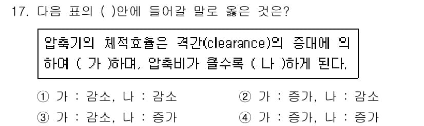 공조냉동기계기능사 2015년 17번 - 압축기의 체적효율은 곧 압축기 내부의 실제 압축 비율과 관련이 있으며, ... 에 관한 핵심 기출문제