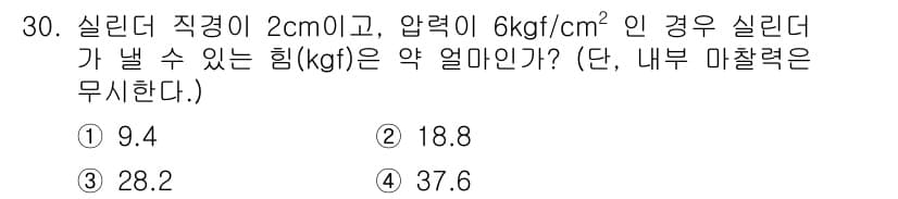 생산자동화기능사 2015년 30번 - 주어진 실린더의 직경을 이용해 반지름을 계산합니다. 압력(kgf/cm²)... 에 관한 핵심 기출문제