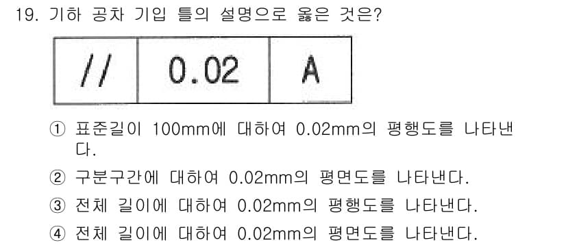 생산자동화기능사 2016년 19번 - 기하 공차에서 "평행도"는 기준면이나 기준선에 대해 설계된 기하적 요소의... 에 관한 핵심 기출문제
