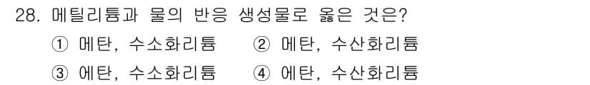 위험물기능사 2016년 28번 - 메틸리튬은 물과 반응 시 메탄을 생성하며, 이 과정에서 알콜이나 알칸과 ... 에 관한 핵심 기출문제