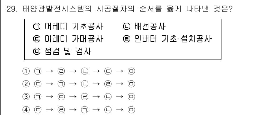 신재생에너지발전설비기능사 2015년 29번 - 태양광 발전 시스템의 시공 절차는 먼저 기초공사를 통해 구조물을 안정적으... 에 관한 핵심 기출문제