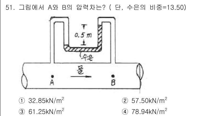 토목기사 2016년 51번 - 압력 차는 유체의 밀도와 높이에 따라 결정됩니다. 주어진 문제에서 수은의... 에 관한 핵심 기출문제
