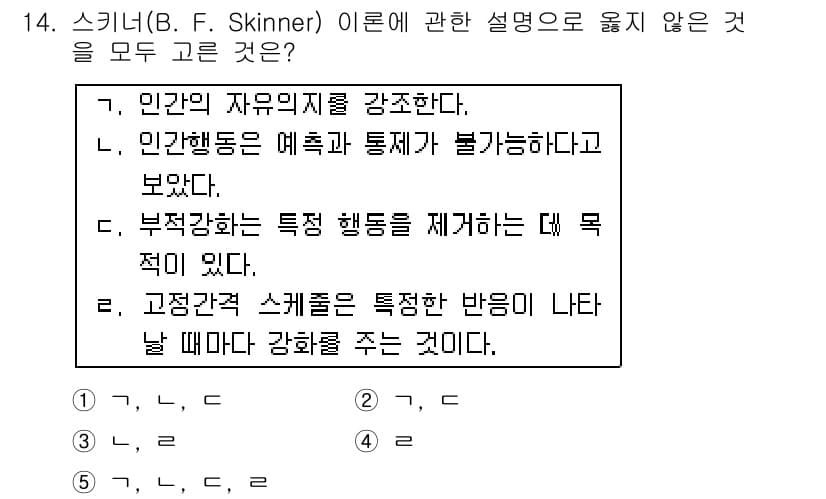 사회복지사_1급(1교시)(구) 2015년 14번 - 스키너의 이론은 인지적 요소보다 행동 자체에 중점을 두며, 행동은 환경에... 에 관한 핵심 기출문제