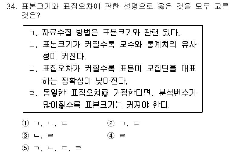 사회복지사_1급(1교시)(구) 2015년 34번 - 표본크기와 표집오차의 관계는 통계적 신뢰도를 결정하는 중요한 요소로, 표... 에 관한 핵심 기출문제