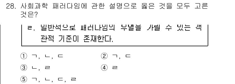 사회복지사_1급(1교시) 2016년 28번 - 사회과학 패러다임의 설명에서 올바른 내용을 고르는 문제로, 일반적으로 '... 에 관한 핵심 기출문제