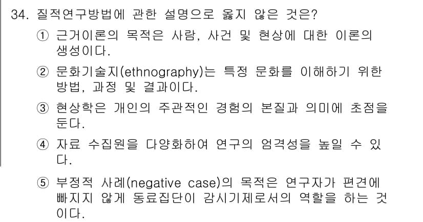 사회복지사_1급(1교시) 2017년 34번 - 5번은 부정적 사례(negative case)의 목적이 연구자가 편견에 ... 에 관한 핵심 기출문제