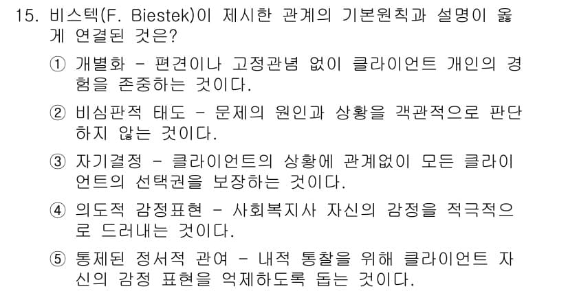 사회복지사_1급(2교시)(구) 2015년 15번 - 비스텍(B. Bistek)의 이론은 사회복지의 기본 원리를 강조하며, 개... 에 관한 핵심 기출문제