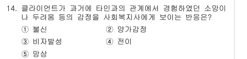 사회복지사_1급(2교시)(구) 2016년 14번 - 문제에서 제시된 감정은 사회복지사와 클라이언트 간의 관계에서 발생하는 불... 에 관한 핵심 기출문제