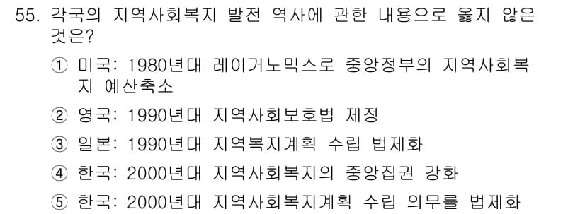 사회복지사_1급(2교시)(구) 2016년 55번 - . 

한국의 2000년대 지역사회복지의 중앙집권 강화를 언급한 진술은 ... 에 관한 핵심 기출문제