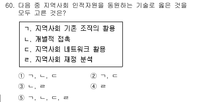 사회복지사_1급(2교시)(구) 2016년 60번 - . 

정답인 이유는 지역사회 인적 자원을 활용하는 데 있어 인식하고 접... 에 관한 핵심 기출문제