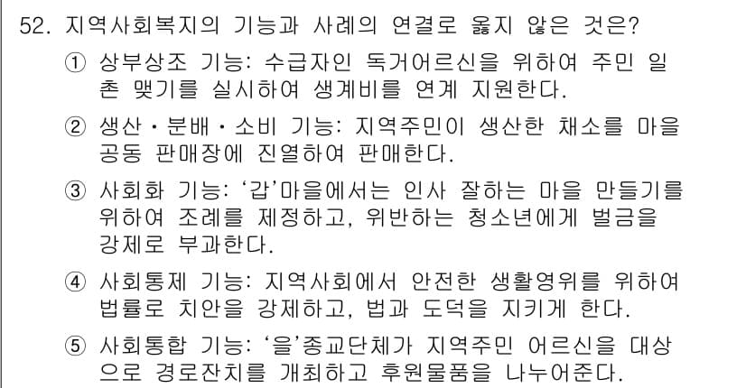 사회복지사_1급(2교시) 2016년 52번 - 지역사회복지의 기능은 주민의 필요를 충족시키고, 자원 배분을 통해 사회적... 에 관한 핵심 기출문제