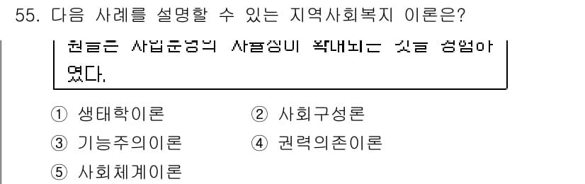 사회복지사_1급(2교시)(구) 2017년 55번 - 정답은 4번 "권력의존이론"이다. 이 이론은 지역사회복지가 권력 구조와 ... 에 관한 핵심 기출문제