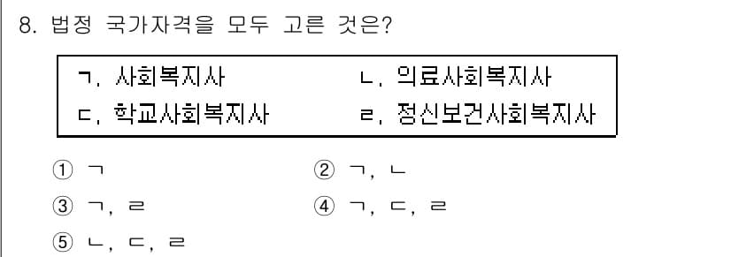 사회복지사_1급(2교시)(구) 2017년 8번 - 정답 3번인 이유는 사회복지사, 학교사회복지사, 정신보건사회복지사가 모두... 에 관한 핵심 기출문제