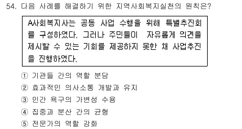사회복지사_1급(2교시) 2017년 54번 - 정답 4번은 전문인의 역할 강화를 강조합니다. 지역 사회의 복지 문제를 ... 에 관한 핵심 기출문제